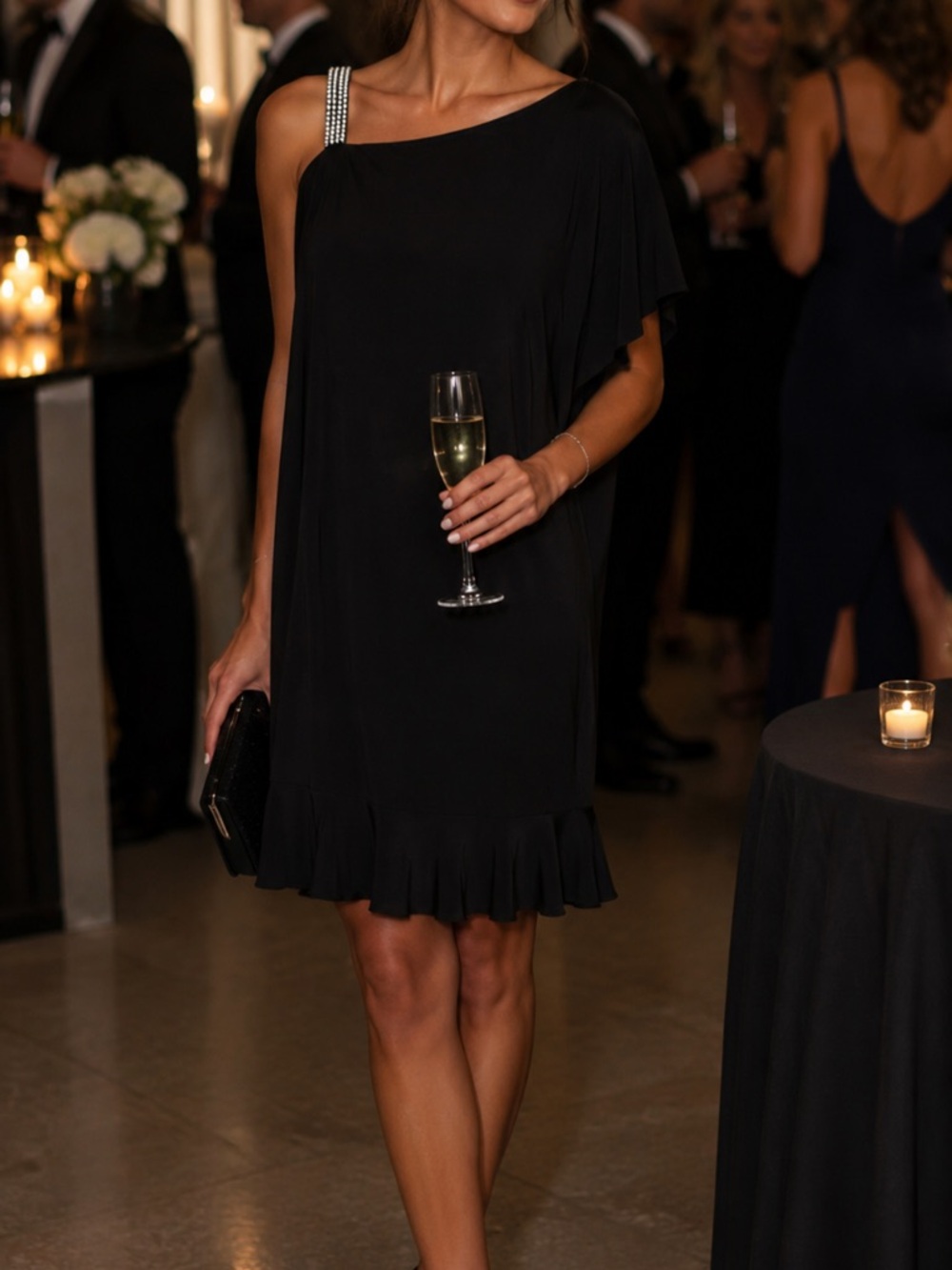 Elegant One-Shoulder Black Dress with Rhinestone Strap